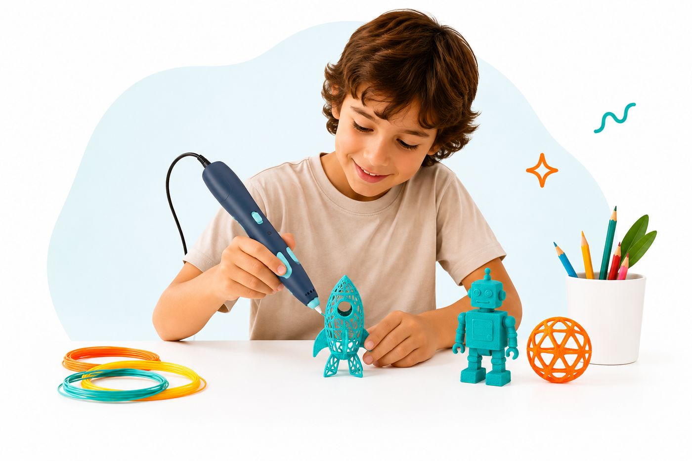Niño creando con lápiz 3D Minto